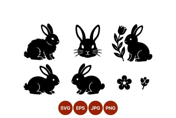 Black Rabbit Silhouettes Flowers Vector: Graphics & Illustrations