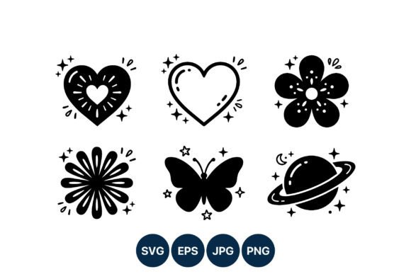 Black White Flat Hearts Flowers Icons: Graphics & Illustrations