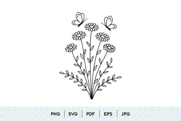Butterflies Daisy Flowers Line Art: Graphics & Illustrations