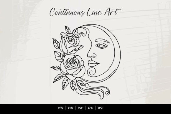 Celestial Moon Face with Roses Line Art Review