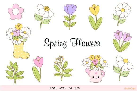 Cute Spring Flowers: Kawaii Graphics & Illustrations