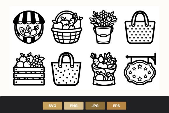Grocery Basket Fruits Flowers Icons: Graphics & Illustrations