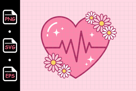 Pink Heartbeat Heart with Daisy Flowers: Graphics & Illustrations