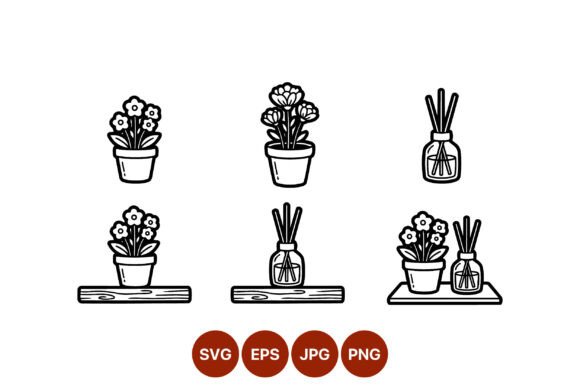 Potted Flowers and Diffuser Black: Minimalist Graphics & Illustrations