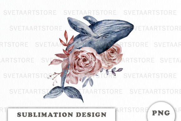 Watercolor Whale with Flowers Png: Graphics & Illustrations