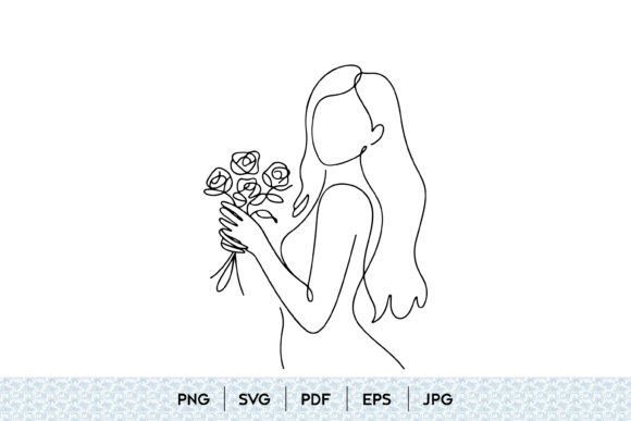 Woman Holding Flowers Line Art: Graphics & Illustrations